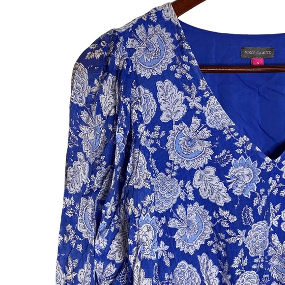 Vince Camuto Blue Gray Floral Print Smocked Waist Balloon Sleeve Peplum Small - Picture 8 of 16